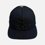 Load image into Gallery viewer, Chrome Hearts calf hair trucker cap in triple black with leather cross patch