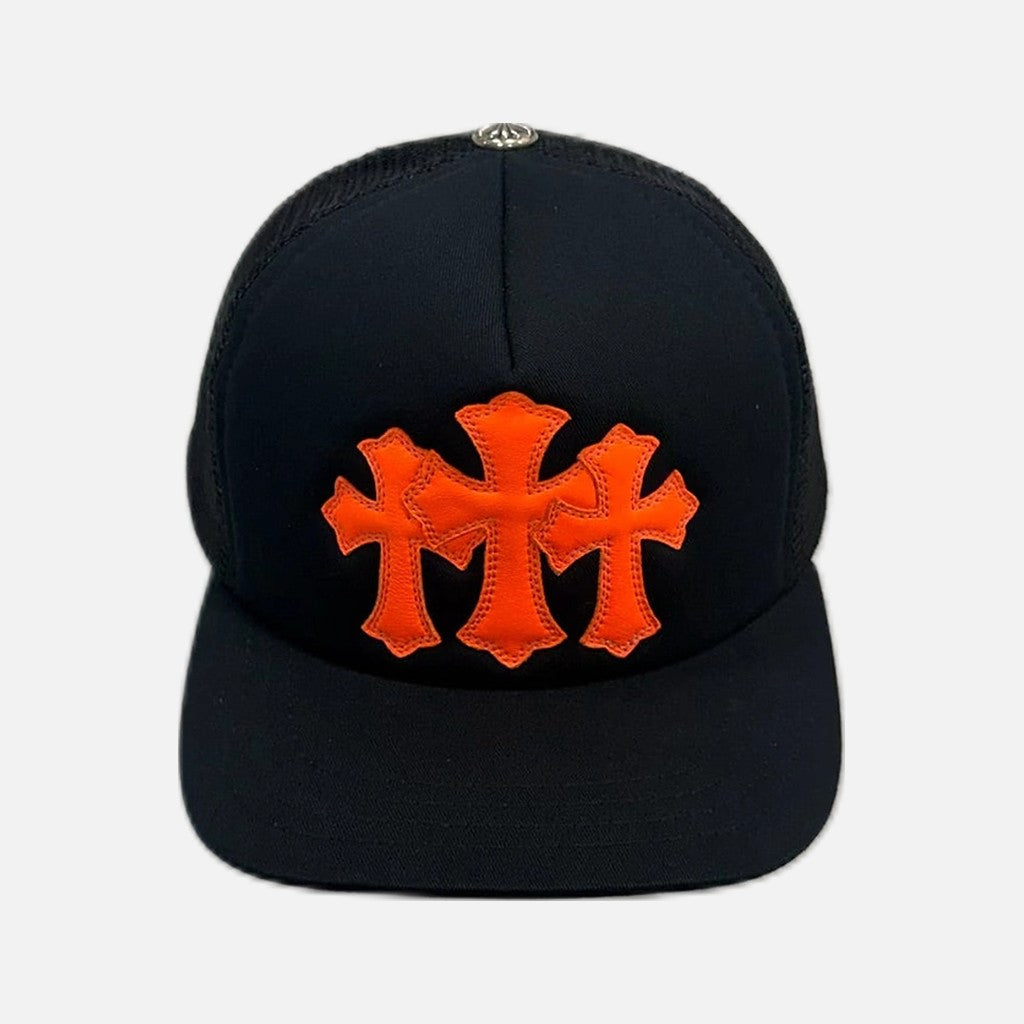 Chrome Hearts trucker cap in black and orange with three leather cross patches