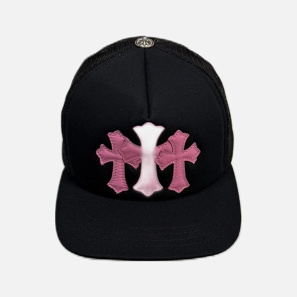 Chrome Hearts trucker cap in black and pink with triple leather cross patch
