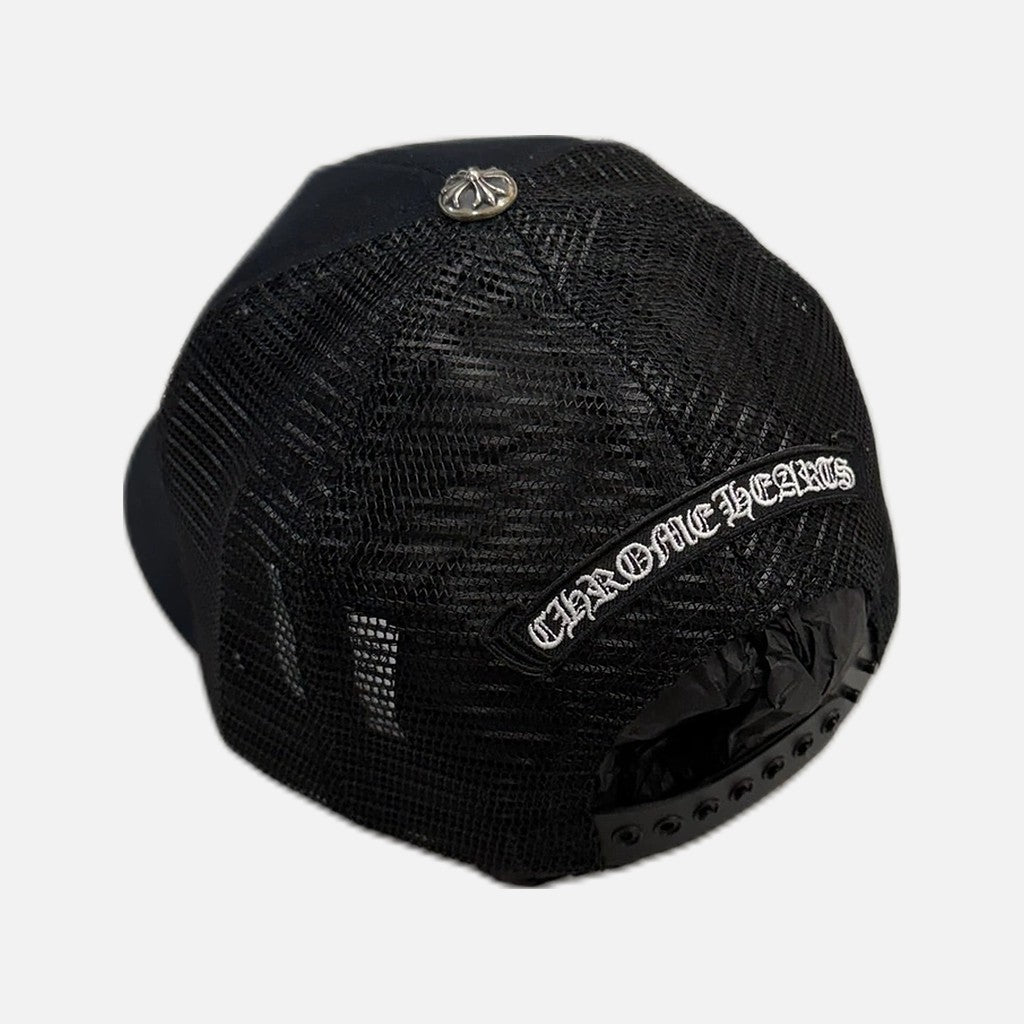 Chrome Hearts trucker cap in black and pink with triple leather cross patch, view 2