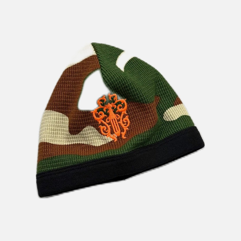 Chrome Hearts V89 Dagger Matty Boy Lips skully thermal beanie in camo with orange detailing, view 2