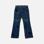 Load image into Gallery viewer, Chrome Hearts vintage Levi's 517 flared jeans in blue wash denim with leather cross patches