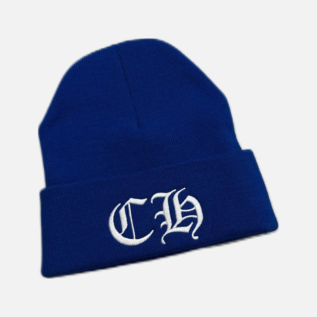 Chrome Hearts Watcher beanie in blue acrylic with Double CH branding