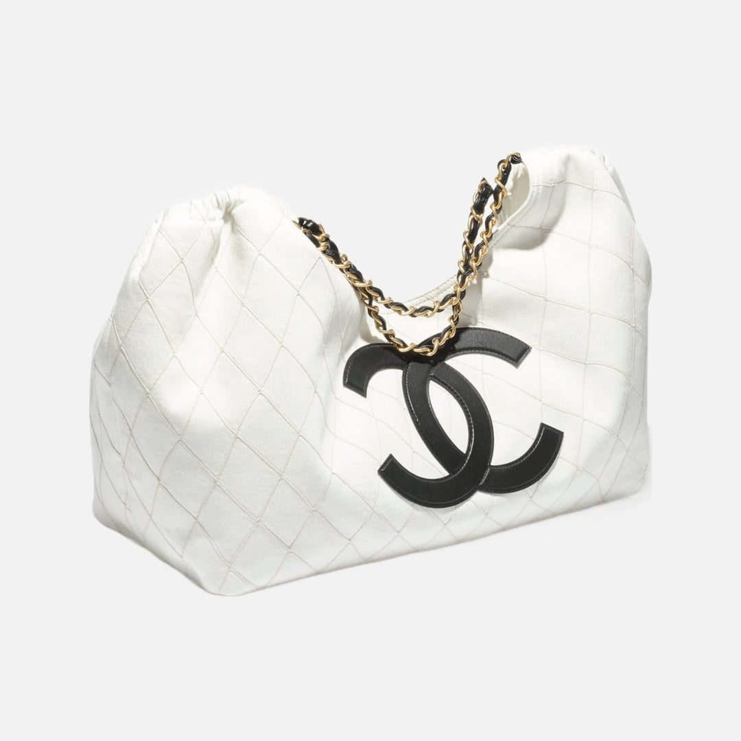 Chanel Coco Beach 2026 Denim Quilted Tote Bag with Black Leather CC