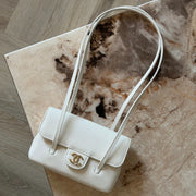 Chanel Clutch with Leather Strap, Mini Preppy Flap Bag Grained Shiny Calfskin & Gold-Tone Metal White