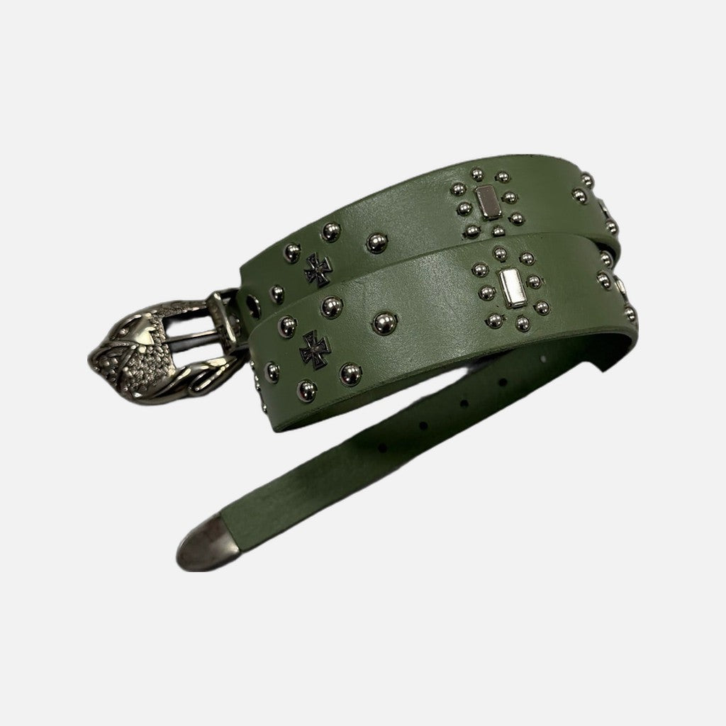 Enfants Riches Déprimés green studded belt with eagle and Iron Cross detailing, view 2