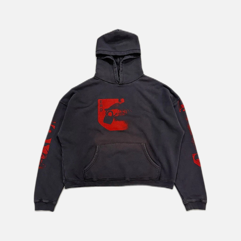 Enfants Riches Déprimés Lips Don't Think distressed hoodie in navy with red detailing