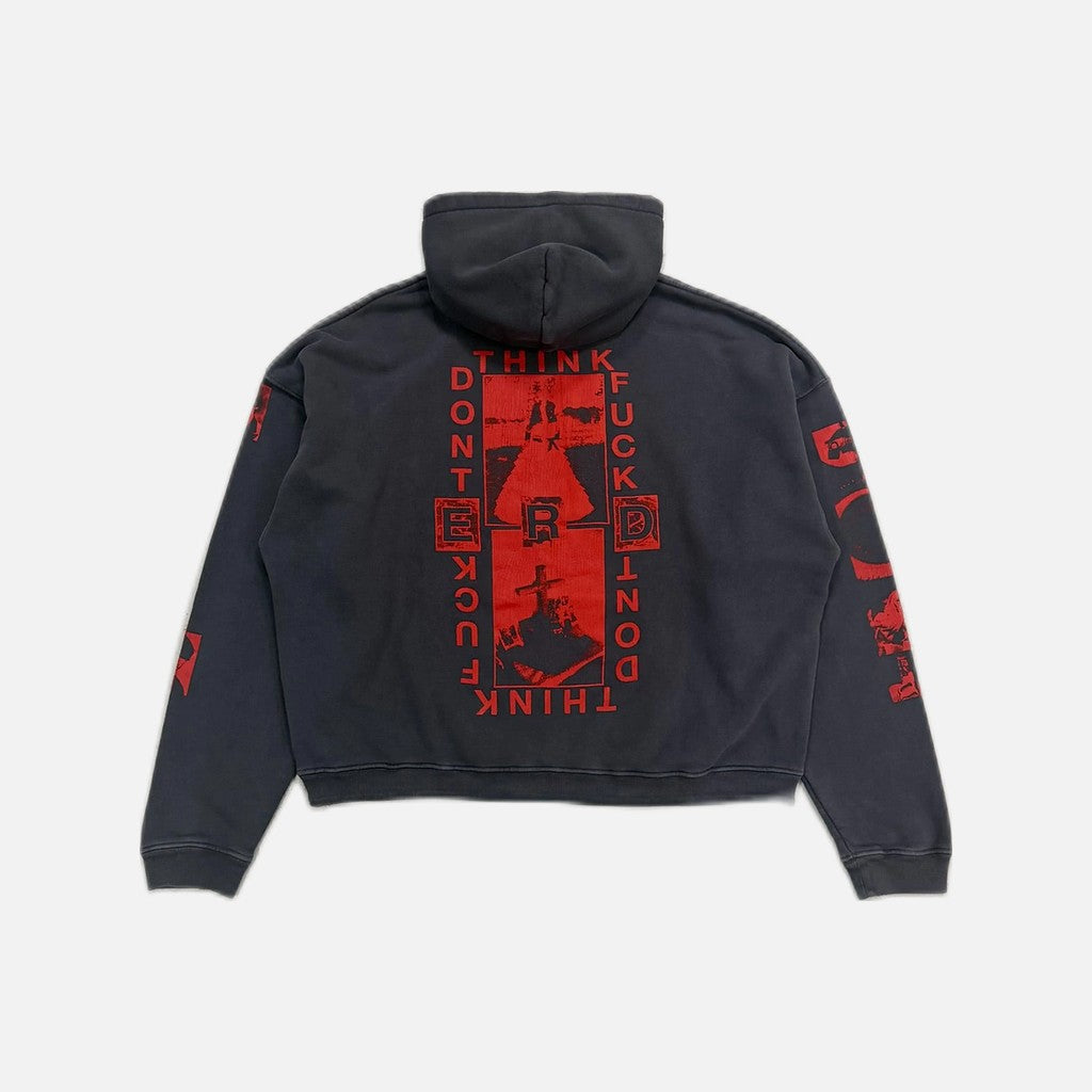 Enfants Riches Déprimés Lips Don't Think distressed hoodie in navy with red detailing, view 2