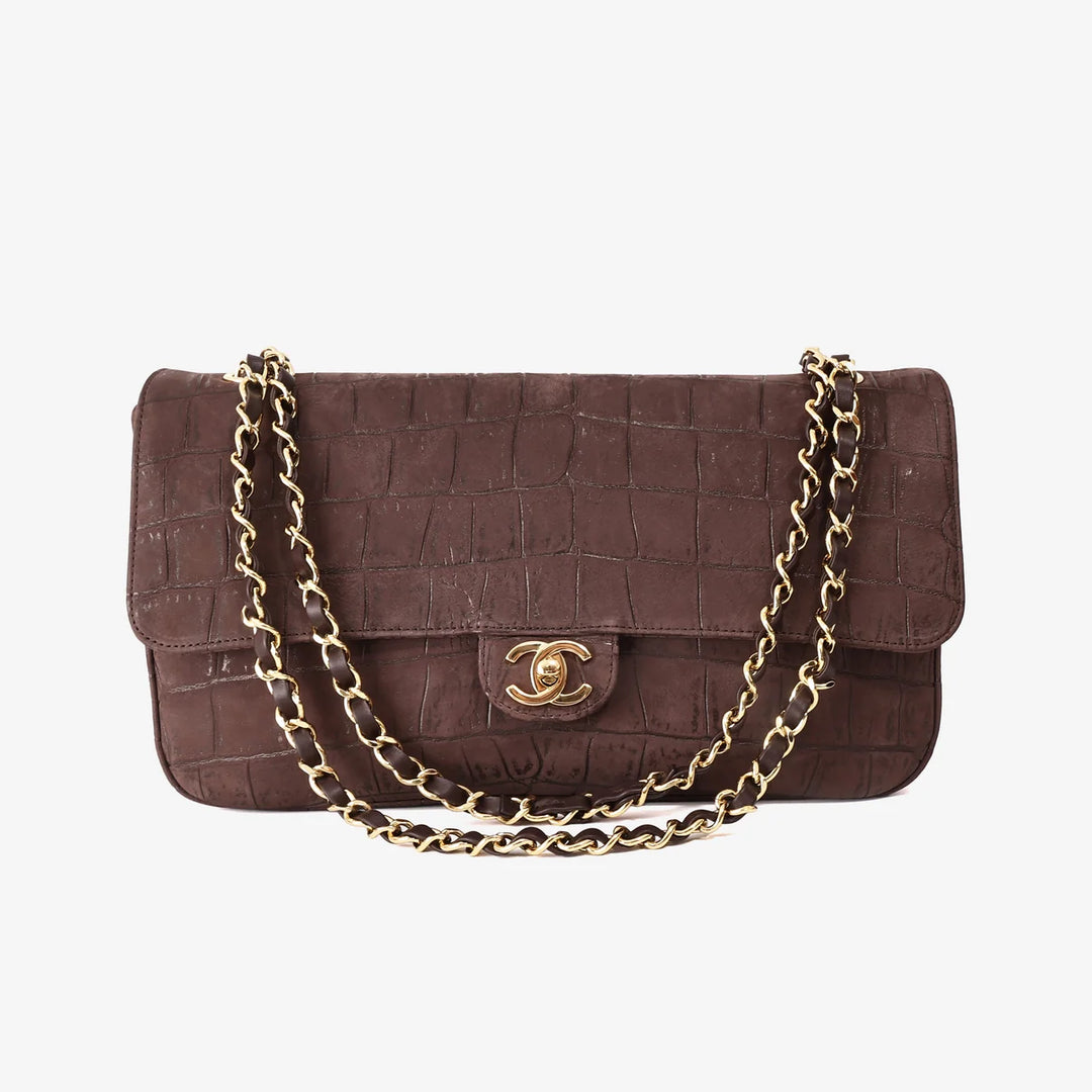 Chanel 26K Crocodile-Embossed Maxi Flap Bag 32 in Brown Suede with Gold Hardware