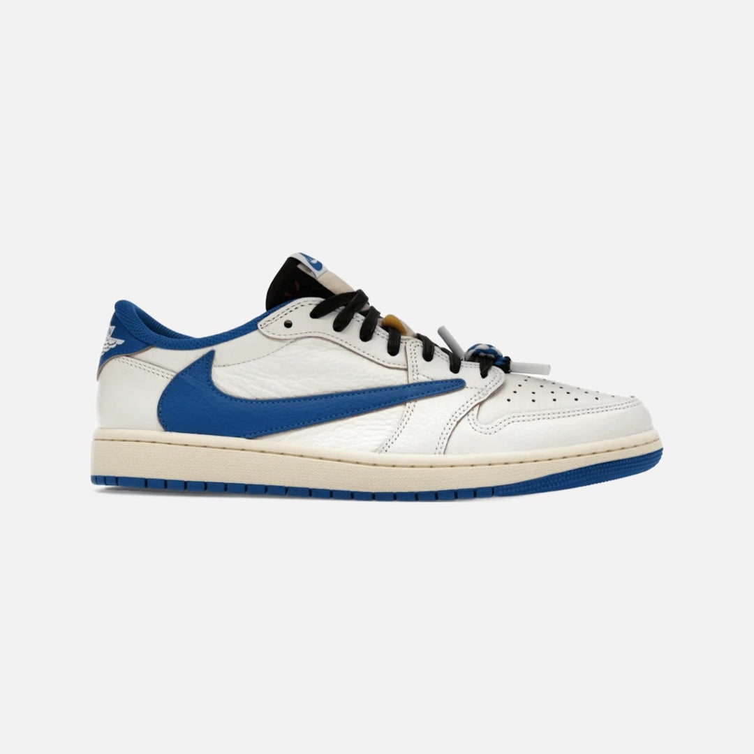 Travis Scott x Fragment Air Jordan 1 Low OG in white leather with navy reverse Swoosh and sail laces