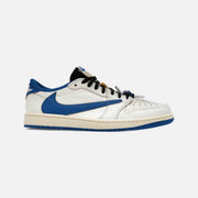 Travis Scott x Fragment Air Jordan 1 Low OG in white leather with navy reverse Swoosh and sail laces