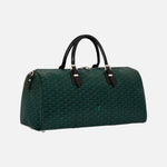 Load image into Gallery viewer, A dark green Goyardine monogram duffel bag with black leather handles and silver-tone hardware, photographed on a clean off-white background.