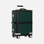 Load image into Gallery viewer, A Goyard 70cm square spinner suitcase in their signature Goyardine pattern, featuring a dark green and black geometric print, black trim, silver-tone hardware, and an extended telescoping handle, set against a solid off-white background.