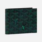 Load image into Gallery viewer, A Goyard bi-fold wallet featuring the brand's signature green and black chevron pattern, shown closed on a light cream background.