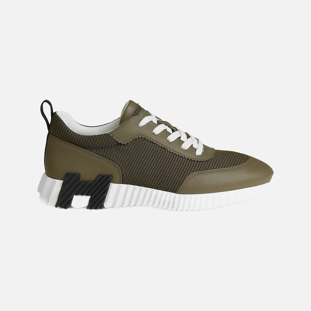 Hermès Bouncing sneaker in Tundra Green mesh and suede goatskin with white rubber sole