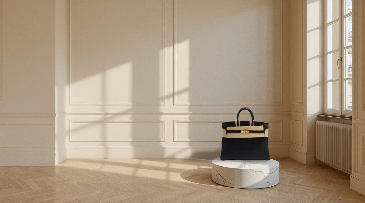 Hermès Birkin 25 in black Togo on a marble plinth in a sunlit room