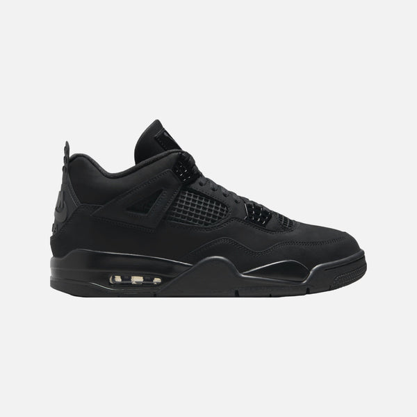Jordan 4 Retro Black Cat (2025) grade school sneakers in an all-black colourway