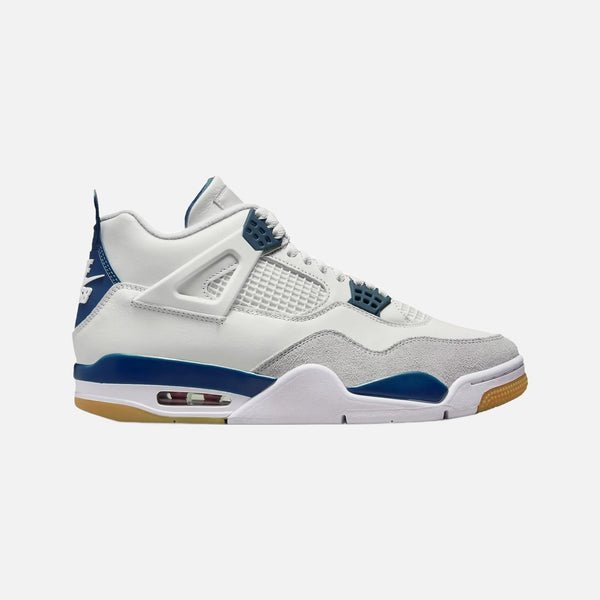 Nike SB x Air Jordan 4 Retro SP Navy sneaker in Summit White leather with grey suede toe and gum sole