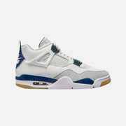 Nike SB x Air Jordan 4 Retro SP Navy sneaker in Summit White leather with grey suede toe and gum sole