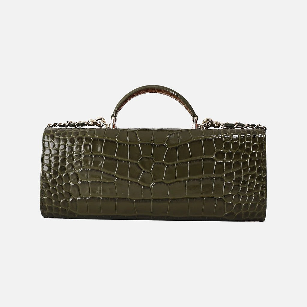 Chanel 26K Chain Clutch in Olive Crocodile-Embossed Calfskin Leather with Gold Hardware, view 2