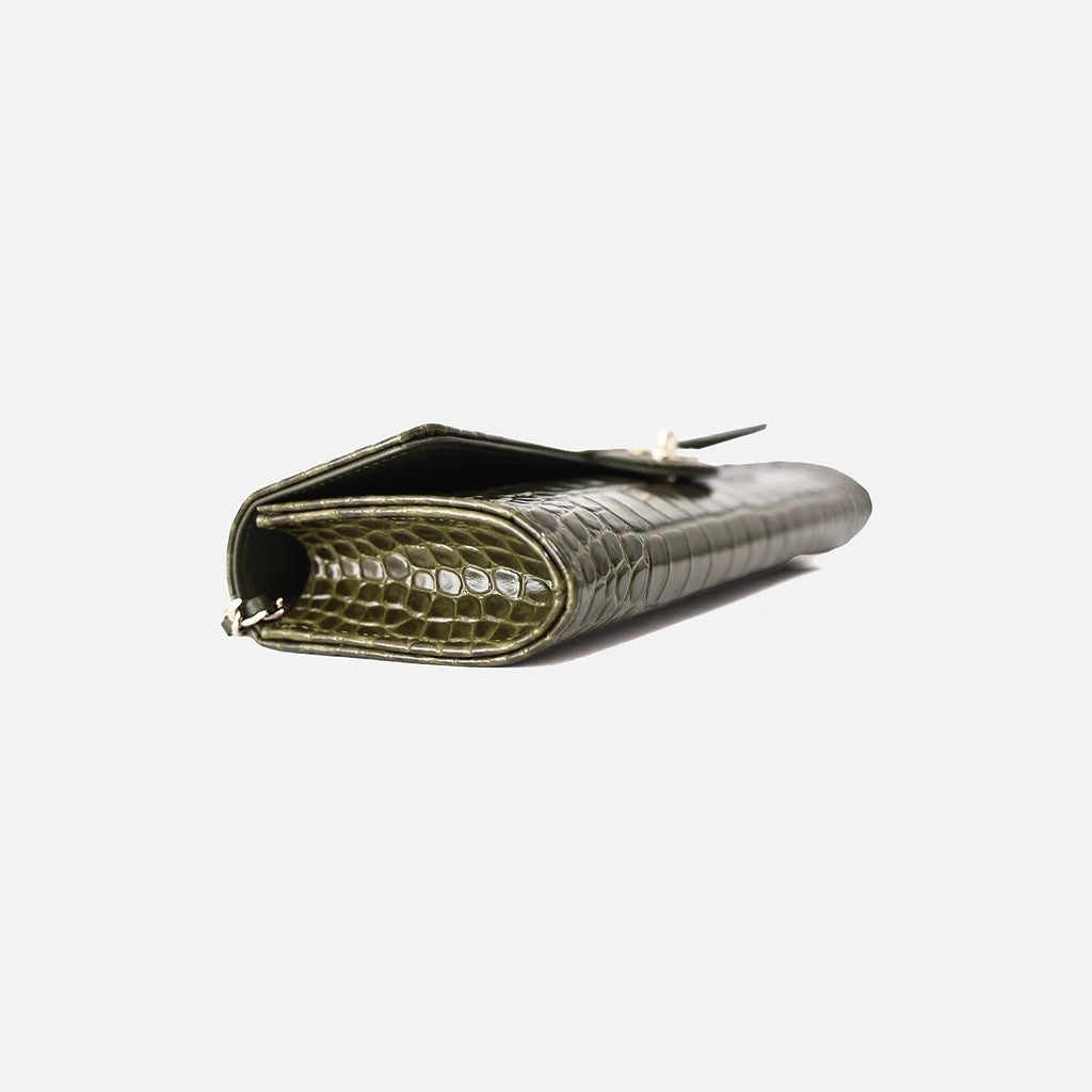 Chanel 26K Chain Clutch in Olive Crocodile-Embossed Calfskin Leather with Gold Hardware, view 3