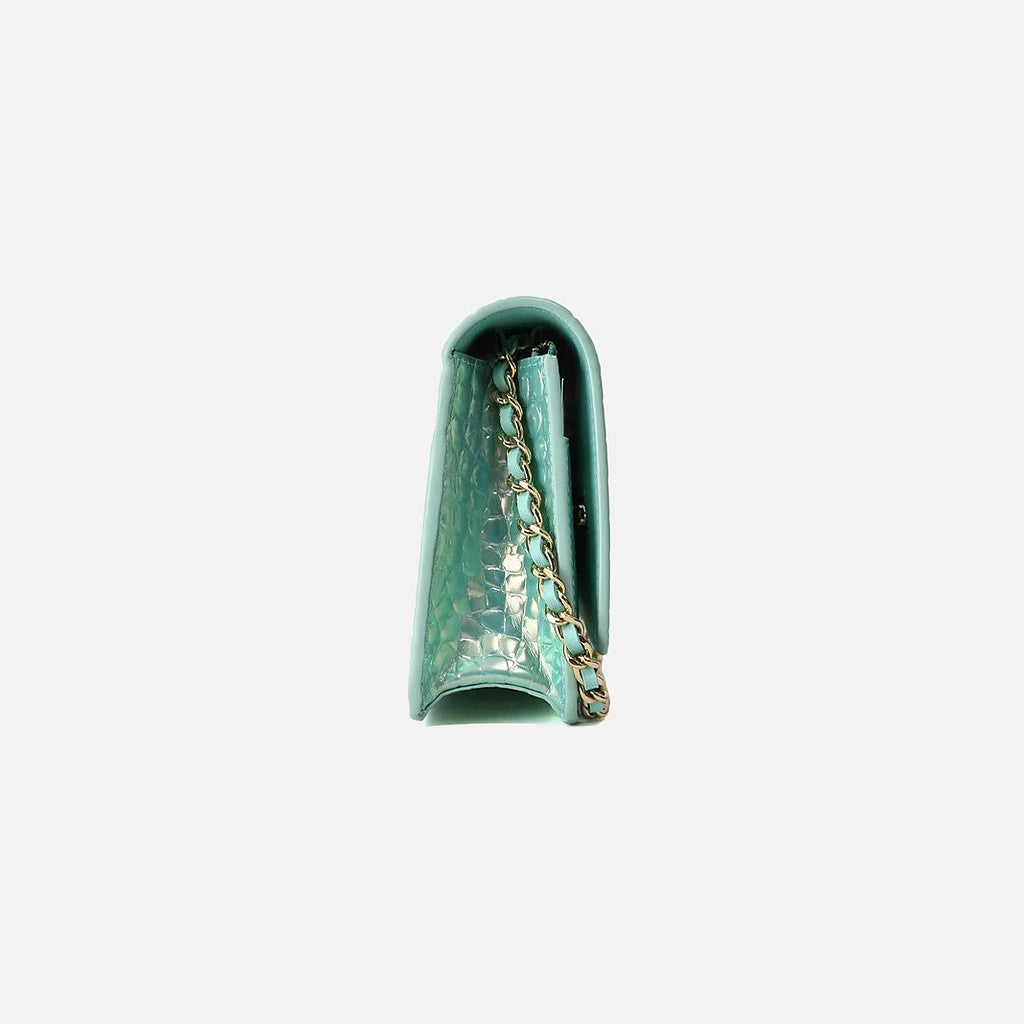 Chanel 26K Wallet on Chain in Turquoise Crocodile-Embossed Iridescent Calfskin with Gold Hardware, view 3