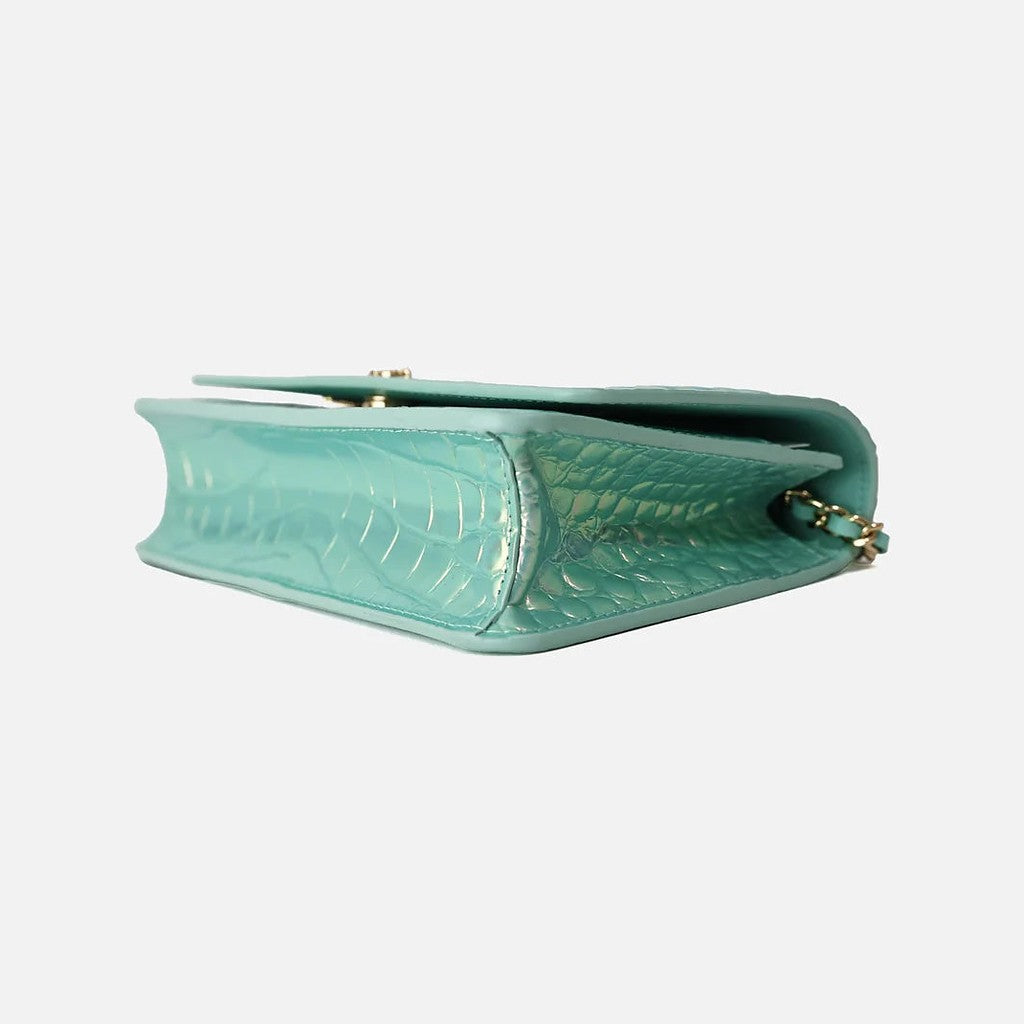Chanel 26K Wallet on Chain in Turquoise Crocodile-Embossed Iridescent Calfskin with Gold Hardware, view 4