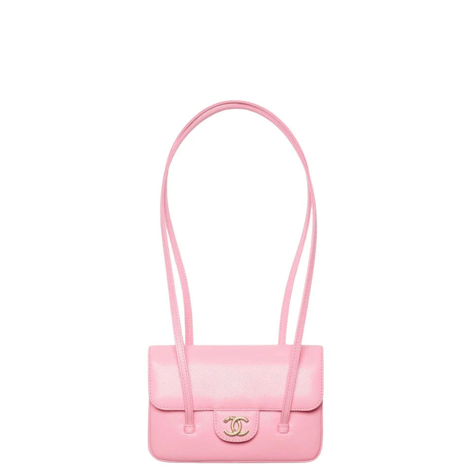 Chanel Clutch with Leather Strap, Mini Preppy Flap Bag Grained Shiny Calfskin & Gold-Tone Metal Pink