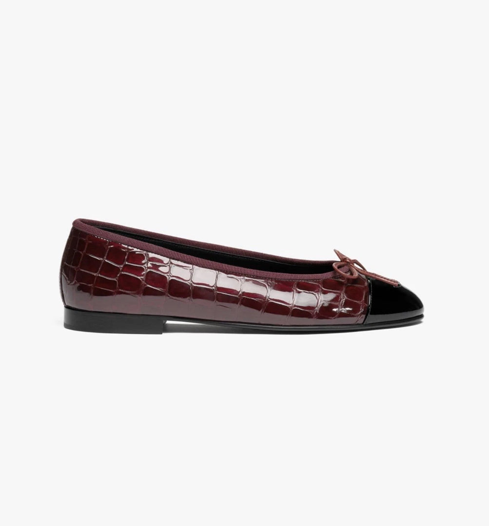 CHANEL 26A Metiers Dark Burgundy Croc Embossed Patent Leather Ballet Flats