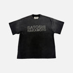 Load image into Gallery viewer, Satoshi Nakamoto distressed T-shirt in washed black and grey with reflective stencil graphic