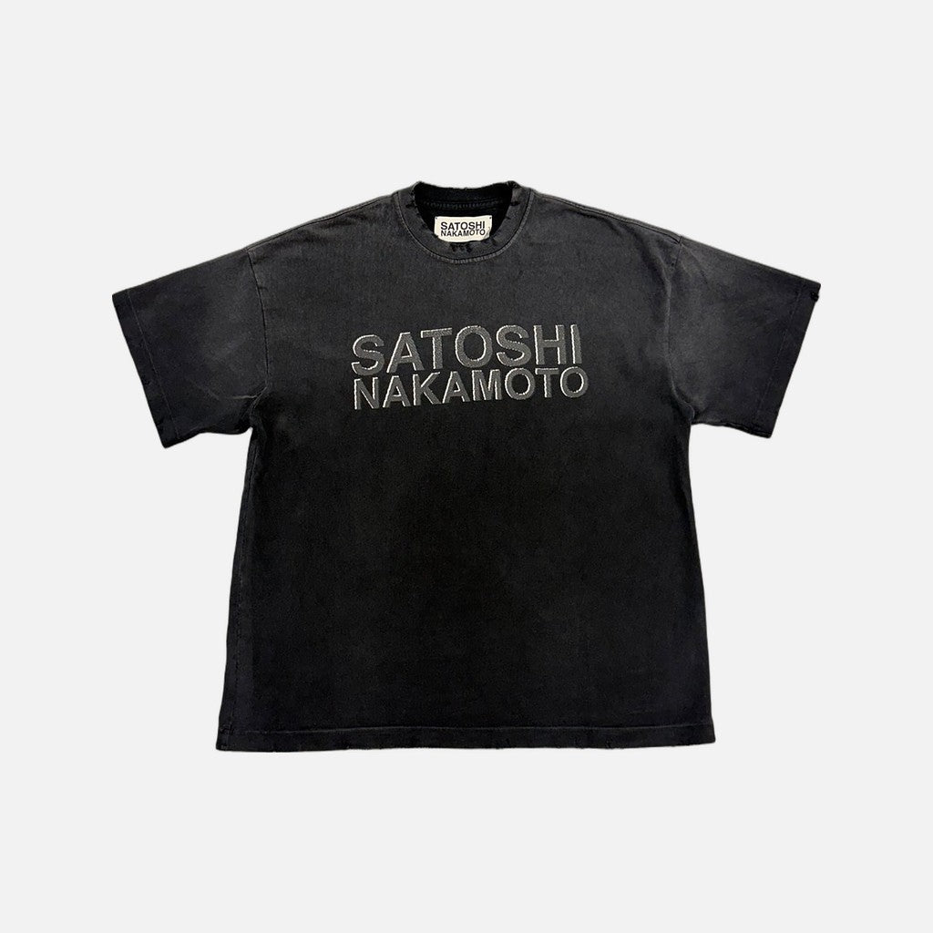 Satoshi Nakamoto distressed T-shirt in washed black and grey with reflective stencil graphic