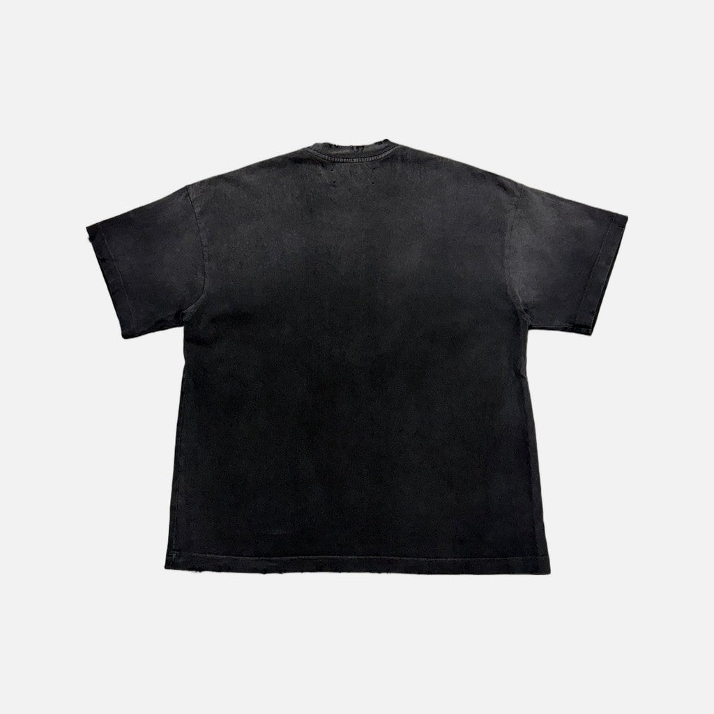 Satoshi Nakamoto distressed T-shirt in washed black and grey with reflective stencil graphic, view 2