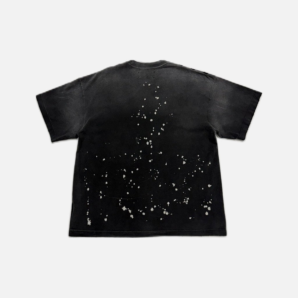 Satoshi Nakamoto T-shirt in black and grey with a distressed, bleached stencil graphic