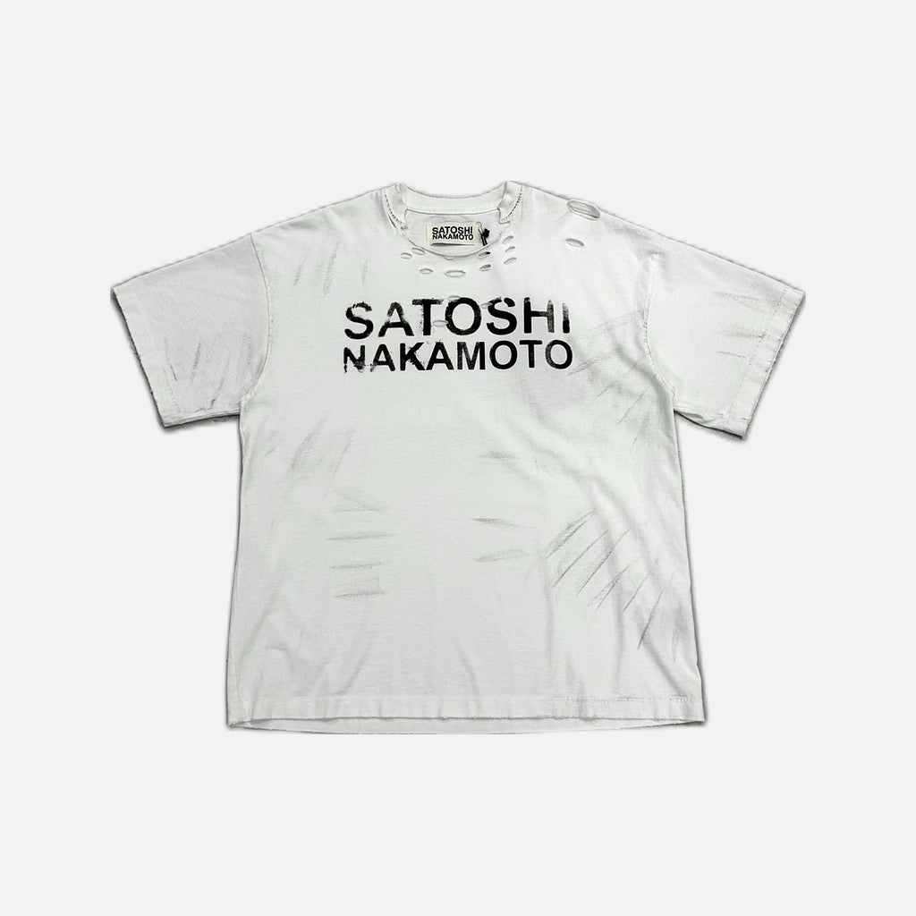 Satoshi Nakamoto distressed and bleached stencil t-shirt in white