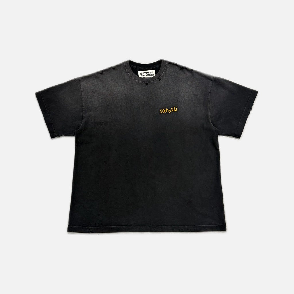 Satoshi Nakamoto distressed t-shirt in grey with yellow chainstitch detailing