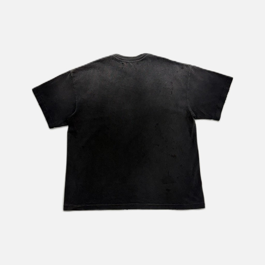 Satoshi Nakamoto distressed t-shirt in grey with yellow chainstitch detailing, view 2