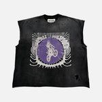 Load image into Gallery viewer, Satoshi Nakamoto Distressed Globe Of Death sleeveless T-shirt in black and purple