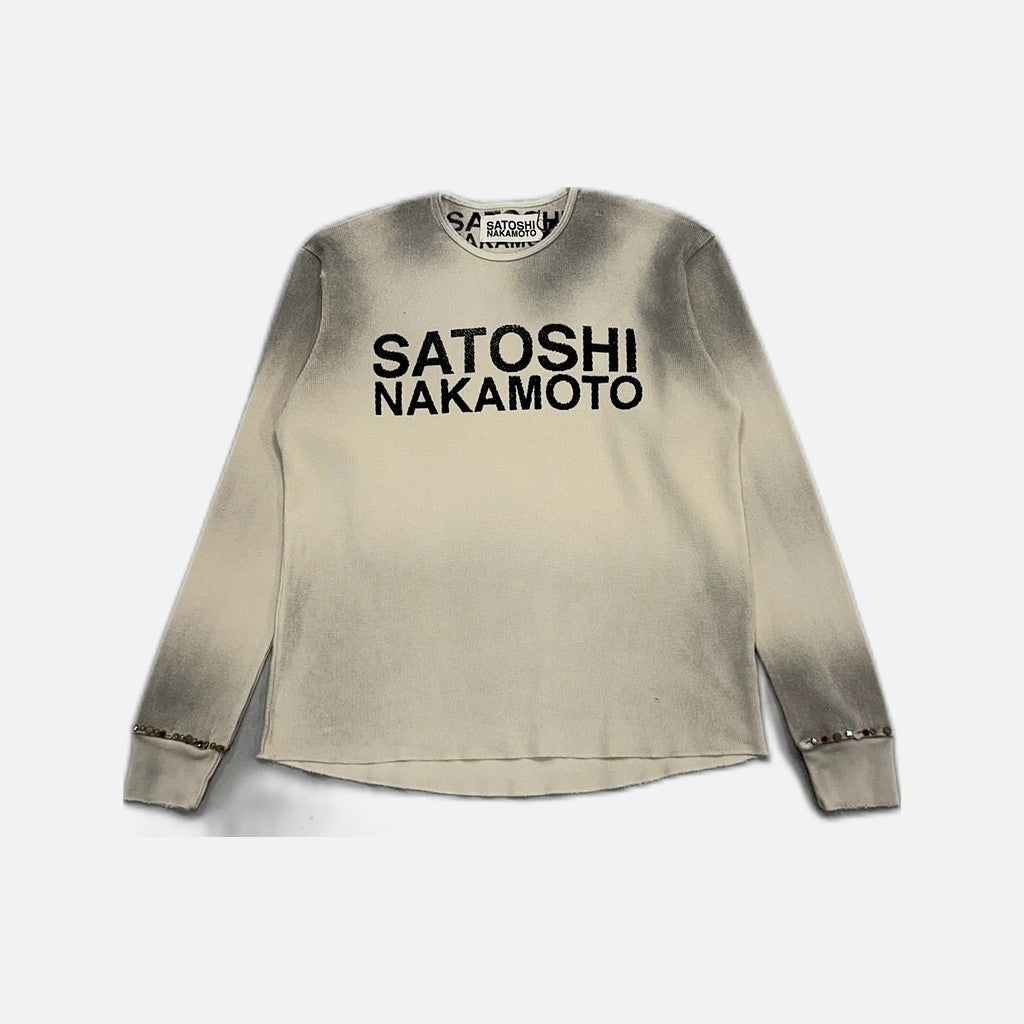 Satoshi Nakamoto thermal long sleeve T-shirt in dirty cream with distressed stencil graphic
