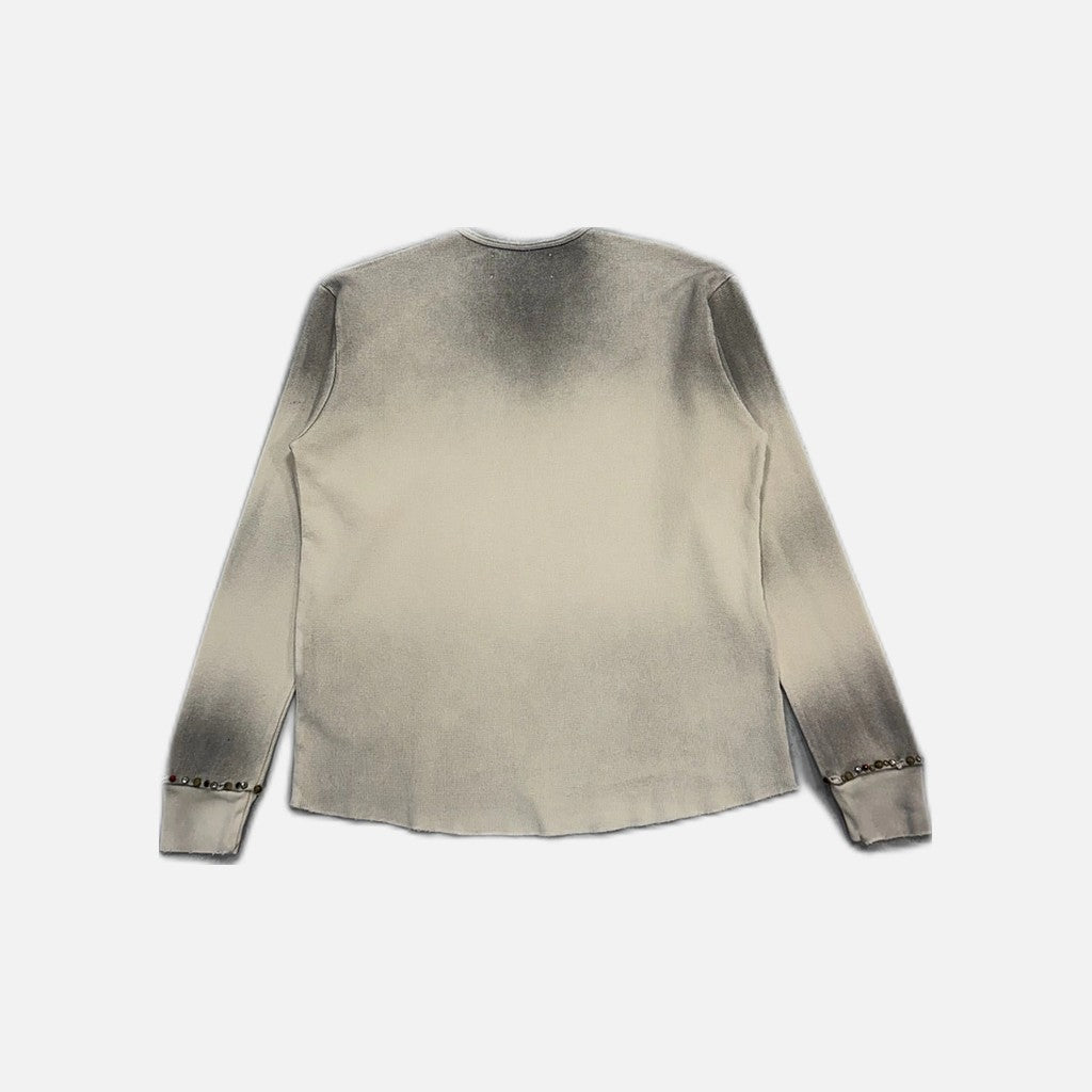 Satoshi Nakamoto thermal long sleeve T-shirt in dirty cream with distressed stencil graphic, view 2