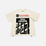 Load image into Gallery viewer, Satoshi Nakamoto distressed Total Freedom t-shirt in white and cream
