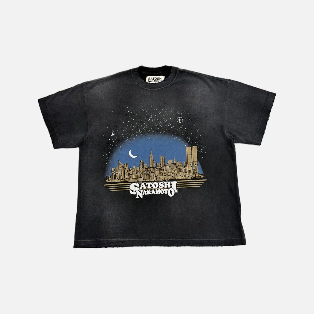 Satoshi Nakamoto distressed Tourist City Landscape t-shirt in black/grey