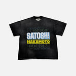 Load image into Gallery viewer, Satoshi Nakamoto Escape Reality t-shirt in black with blue detailing