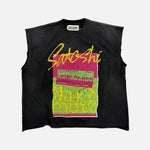 Load image into Gallery viewer, Satoshi Nakamoto Glass Half Full studded sleeveless T-shirt in black and yellow