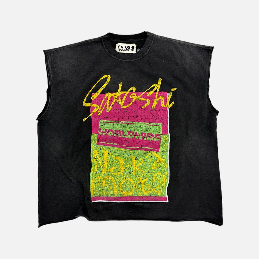 Satoshi Nakamoto Glass Half Full studded sleeveless T-shirt in black and yellow