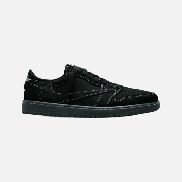 Travis Scott x Air Jordan 1 Low OG SP Black Phantom in black nubuck with reverse Swoosh and white stitching