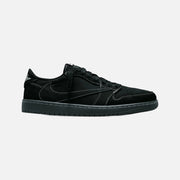 Travis Scott x Air Jordan 1 Low OG SP Black Phantom in black nubuck with reverse Swoosh and white stitching