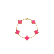 A gold chain bracelet featuring five bright pink clover-shaped charms, each outlined with a textured gold border, displayed on a clean white background.