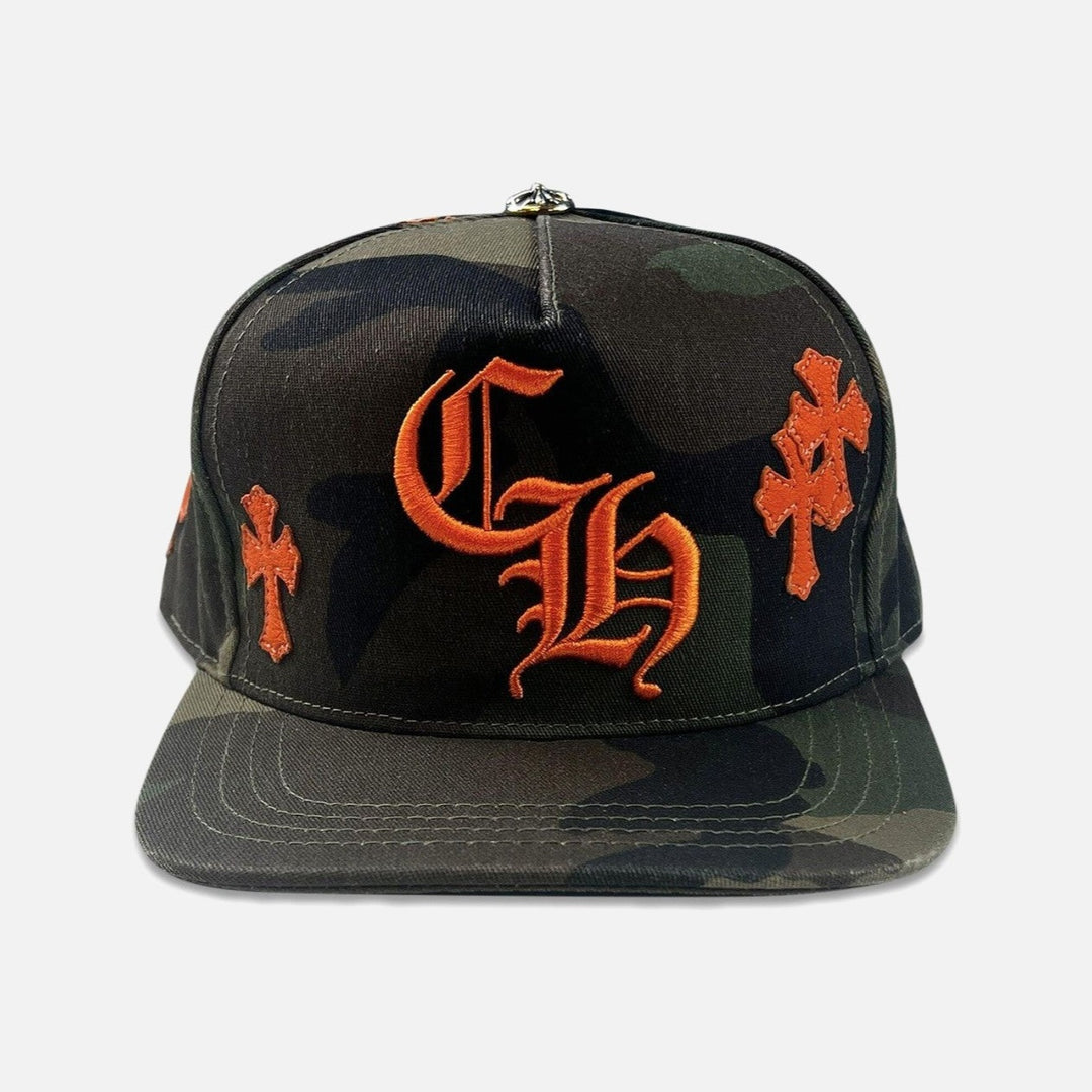 Chrome Hearts Leather Cross Patch CH Snapback Cap Camo/Orange - front